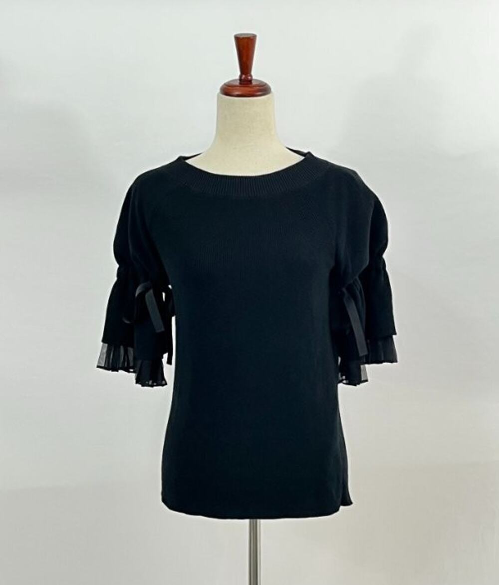SACAI Sz 1 S Black Ribbed Ribbon Tie Sleeve Pullover Top Sweater Knit